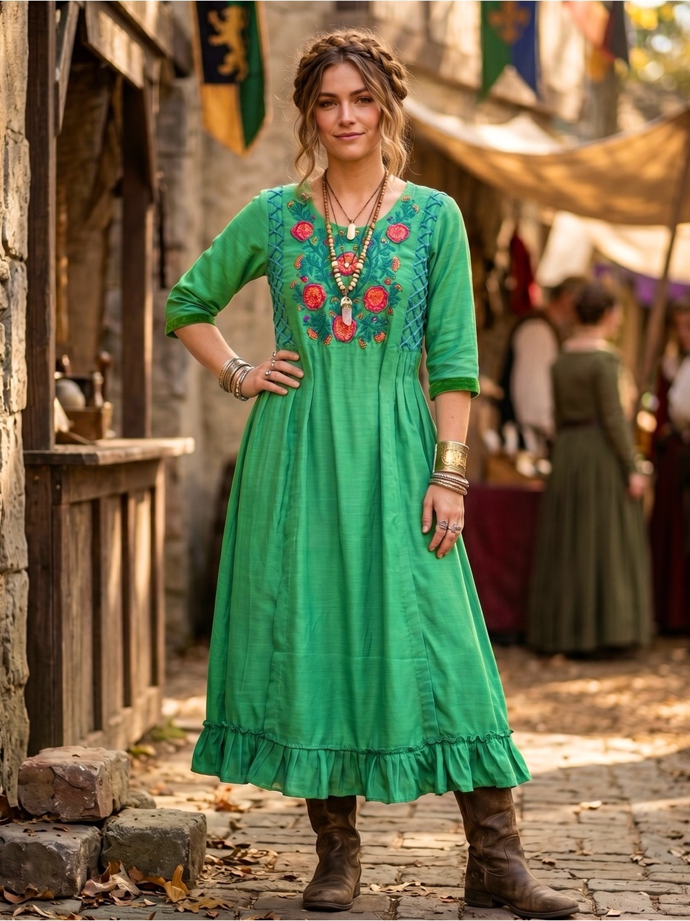 Fairy Whimsical Renaissance Fair Dress Size Large Green Flowy Floral Embroidered